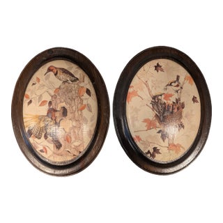 1960s-1970s Oval Wood Bird Plaques – Pair – Convex Decoupage Style Wall Art For Sale