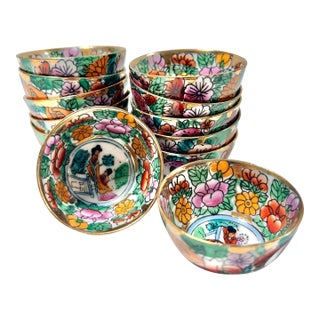 Vintage Porcelain Chinoiserie Floral & Gold Geisha Sake Cups Salt Cellars - Set of 12 For Sale