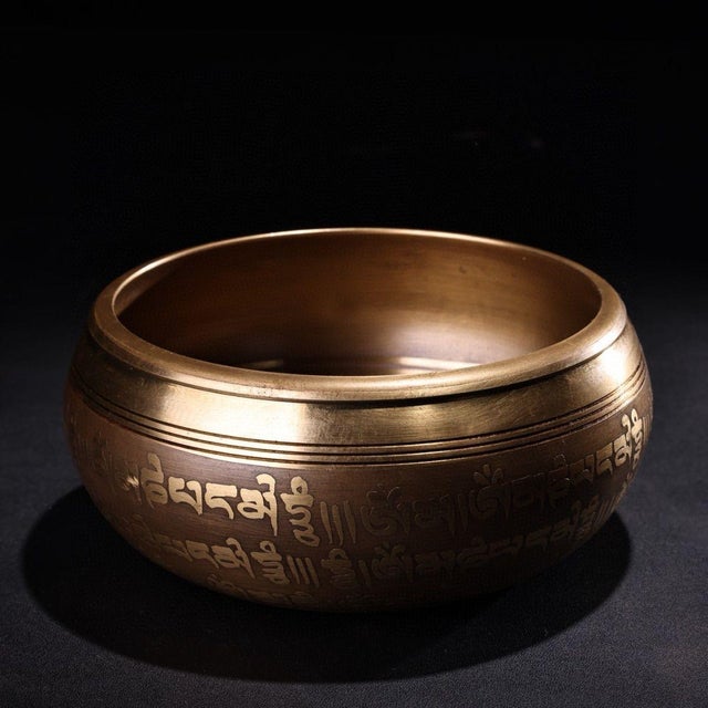 Asian Vintage Tibetan Singing Bowl With Wooden Mallet & Script For Sale - Image 3 of 9