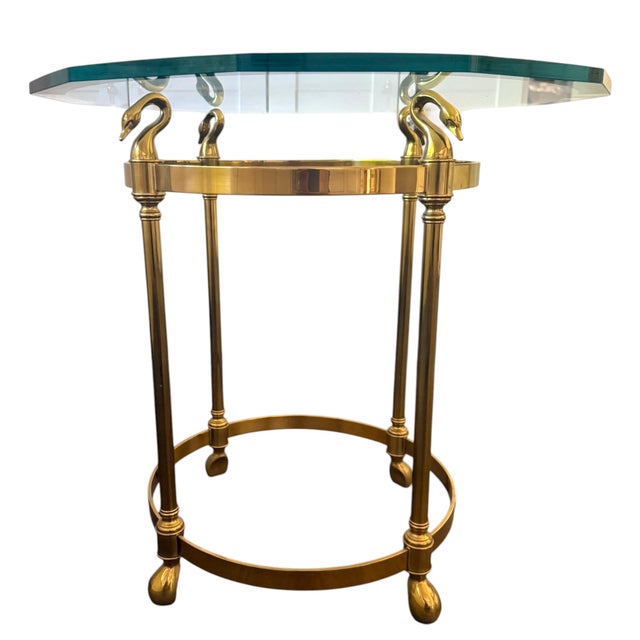 Metal Vintage Hollywood Regency Brass Swan Head Side Table With Thick Hexagonal Shaped Beveled Glass Top For Sale - Image 7 of 7