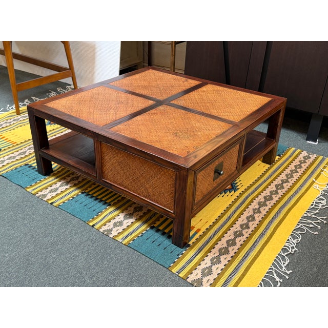 Wood Chinese-Style Woven Rattan Four-Drawer Coffee Table, Vintage For Sale - Image 7 of 12