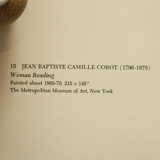 1950s 1955 After Jean Baptiste Camille Corot "Woman Reading", Vintage Full-Color Print For Sale - Image 5 of 8