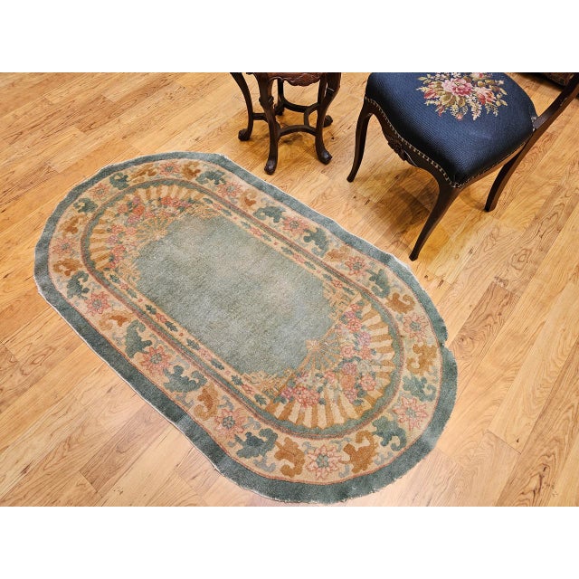 Green Antique Art Deco Chinese Area Rug, Wool on Cotton, Floral Design, Oval 3' x 5' For Sale - Image 8 of 9