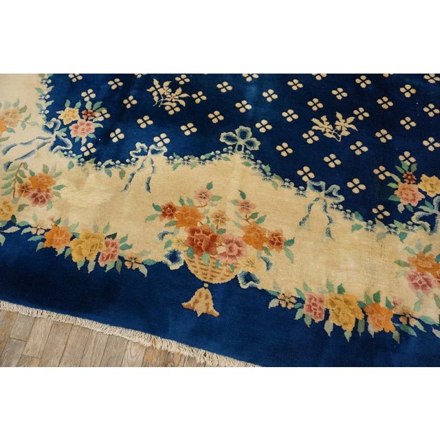 1930s Blue Navy Roses 4 Star Antique Chinese Art Deco Carpet 9' X 11'4" Knotted Wool Rug For Sale - Image 12 of 14