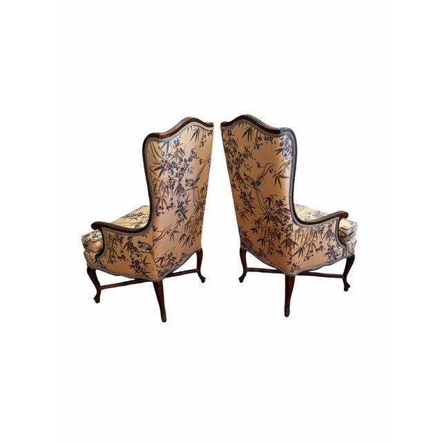 Chinoiserie Pair of Vintage Century Furniture Chinoiserie Bergère Wing Chairs With Bird & Bamboo Upholstery For Sale - Image 3 of 10