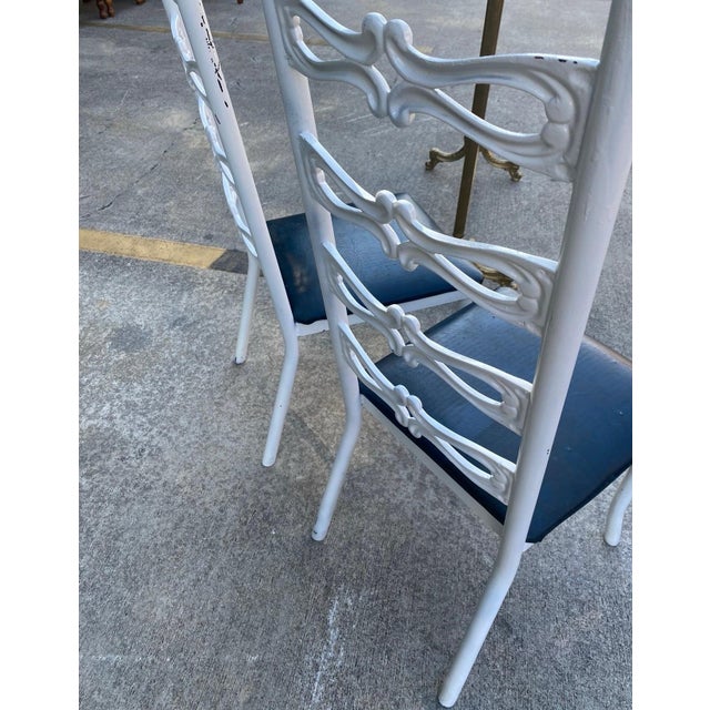 Metal Pair of 1970s Italian Style White Metal Chairs With Navy Blue Leather Cushions For Sale - Image 7 of 8