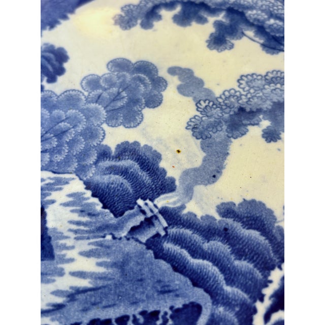 Early 19th C. Blue and White Staffordshire Transferware Meat Drainer With Platter in "Village Church" Pattern - a Pair For Sale - Image 11 of 14