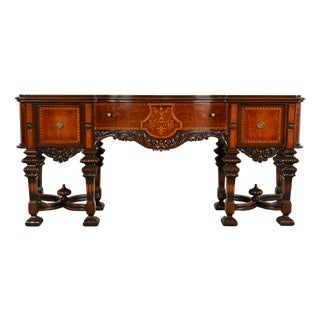 Antique Victorian Renaissance Revival Carved Mahogany Inlaid Marquetry Sideboard by Rockford Furniture, Circa 1920s For Sale
