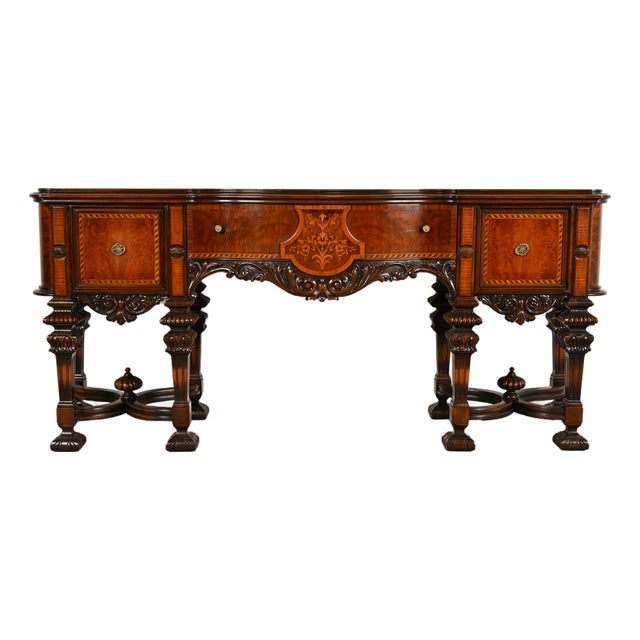 Antique Victorian Renaissance Revival Carved Mahogany Inlaid Marquetry Sideboard by Rockford Furniture, Circa 1920s For Sale