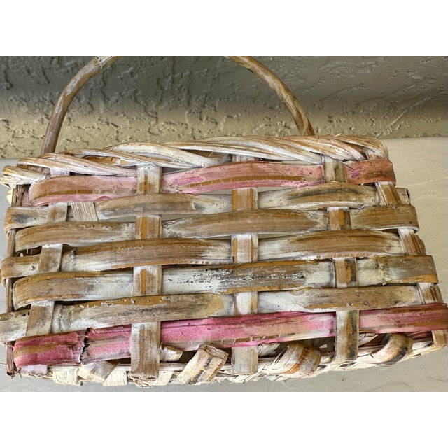 Tan Vintage 1900s Natural Pink & White Wash Square Wicker Basket For Sale - Image 8 of 12