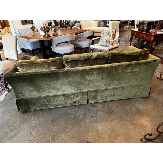 Vintage Moss Green Velvet Skirted 3-Seat Sofa For Sale - Image 4 of 7