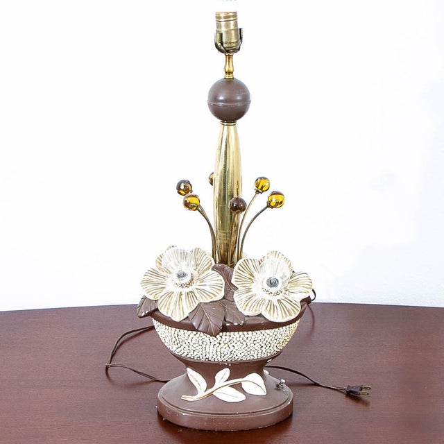 Metal 1960s Mid Century Modern Brown White Table Lamp Ceramic Floral Studio Designed For Sale - Image 7 of 12