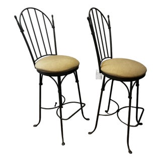 Late 20th Century Pair Charleston Forge Gray Wrought Iron Arched Swivel Bar Stools For Sale