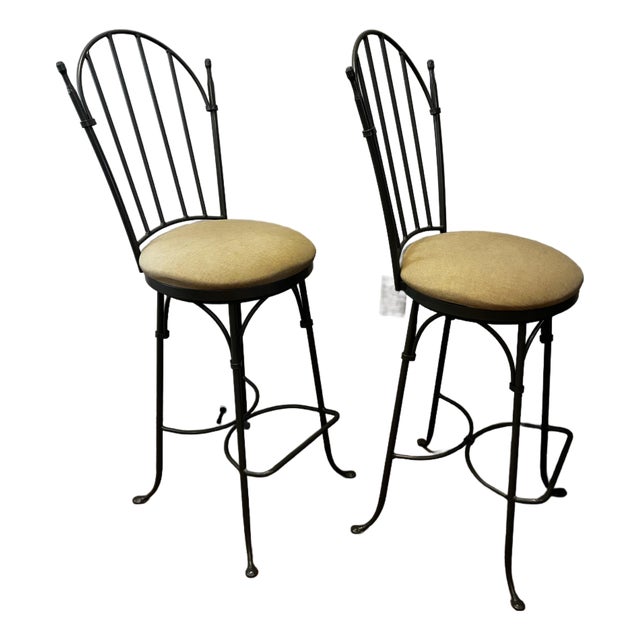 Late 20th Century Pair Charleston Forge Gray Wrought Iron Arched Swivel Bar Stools For Sale