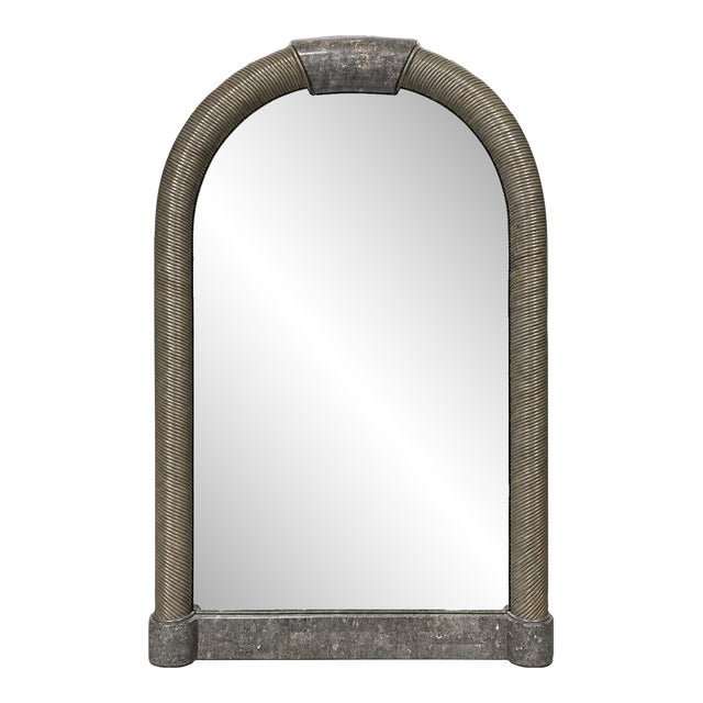 Karl Springer Style Arched Tessellated Stone & Rattan Mirror, American, 1980s For Sale