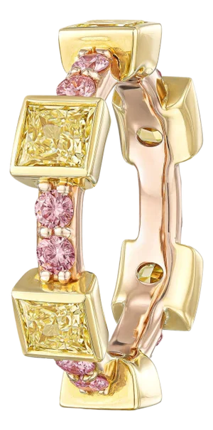 Fancy Yellow Princess and round Pink Diamond Eternity Band in 18K Yellow/Rose