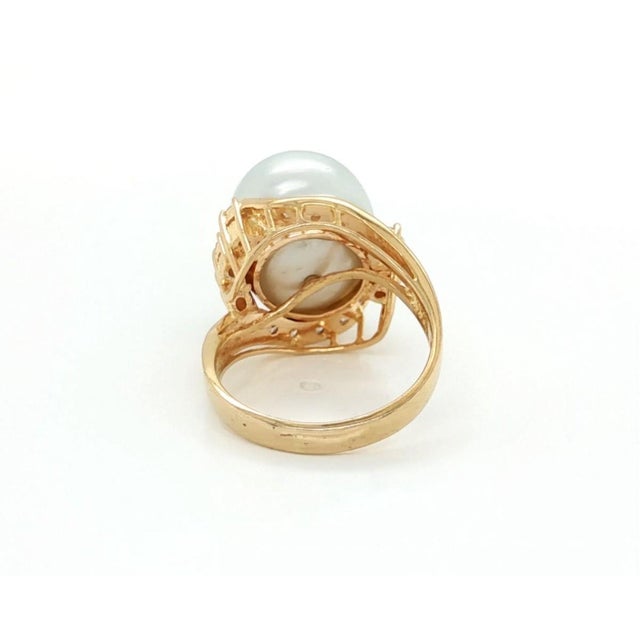 Mid 20th Century Mid 20th Century Cultured Pearl & Diamond Cocktail Ring 14k Yellow Gold Size 6.5 For Sale - Image 5 of 8