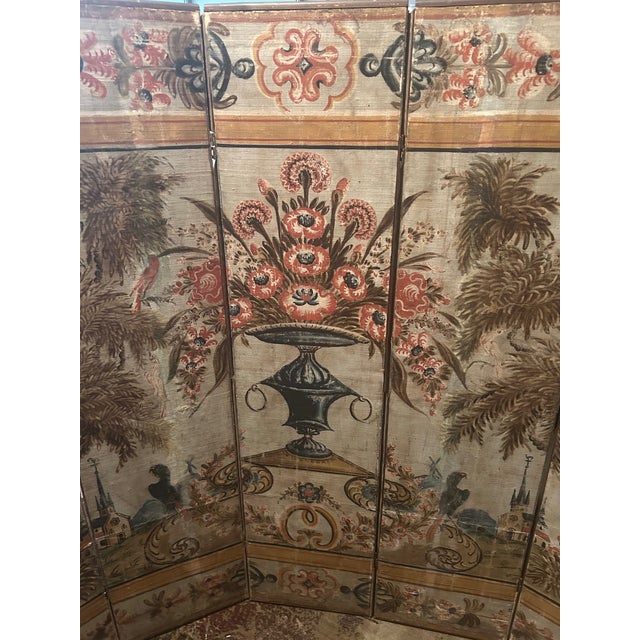 Swedish Painted Five-Panel Screen 18th Century Painted Canvas Panels, Assembled 20th Century For Sale - Image 4 of 10