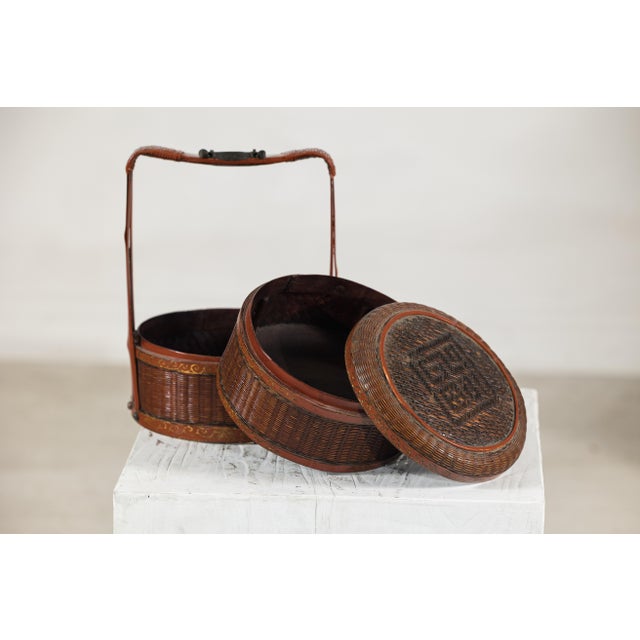 Brown Vintage Chinese Woven Food Box with Painted Wood Bands, Double-Handled Carrying For Sale - Image 8 of 18