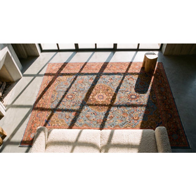Textile 1900s Blue Geometric Antique Persian Sultanabad Rug 10'8" X 16'4" Knotted Pile Wool Carpet For Sale - Image 7 of 9