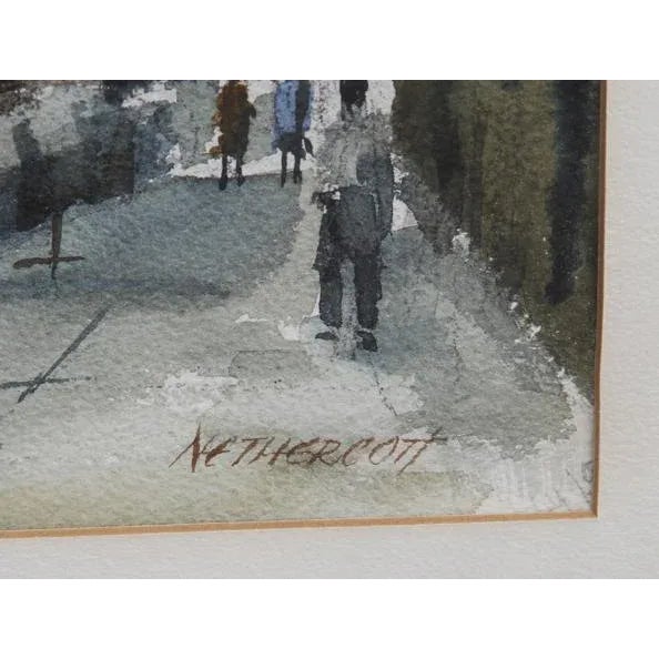 Looking down the street, Eve Nethercott's watercolor depicts the famous Gothic Revival Trinity Church of Wall Street from...