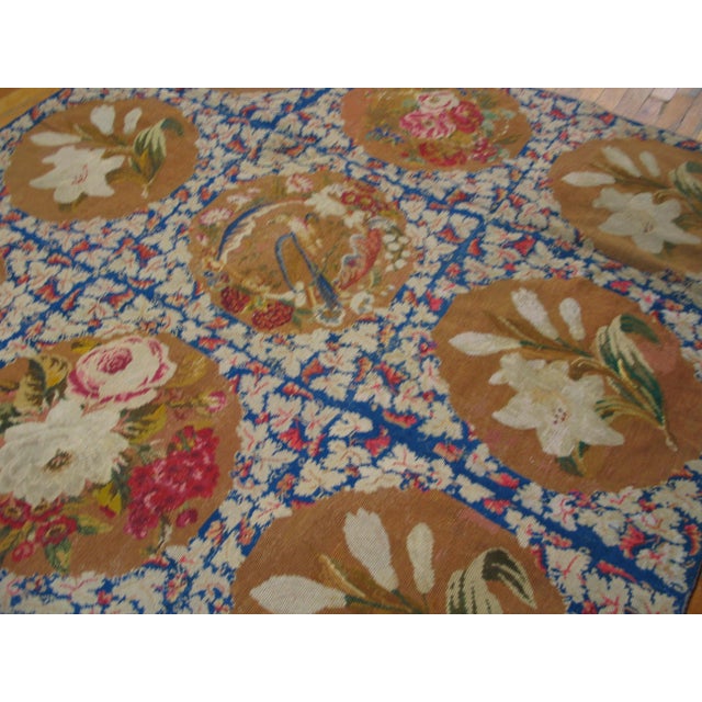 1870s Blue Floral Antique English Victorian Needlepoint Carpet 6' X 6' Flatweave Wool Rug For Sale In New York - Image 6 of 9