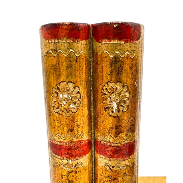 Pair of Vintage Italian Florentine Giltwood Bookends | Faux Book Spine Design - Mid- Century, Shabby Chic, Neoclassical, Library For Sale - Image 12 of 13