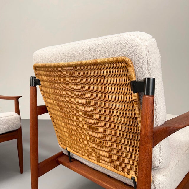 Set of Teak Armchairs with Rattan Backrests & Bouclé Covers by Carl Straub / Goldfeder, Germany 1960s For Sale - Image 11 of 15
