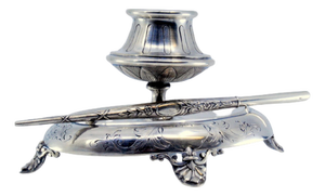 Silver Inkwell with Chiseled Base, Support Feet and Pen, Set of 2