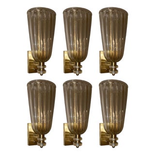 1980s Clear Murano Glass Fazzoleto Sconces With Gold Flecks - Set of Six For Sale