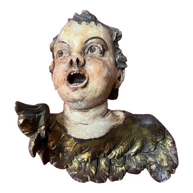 C1800 Antique Italian Renaissance Carved Polychromed Wood Dramatic Hanging Putto / Cherub Sculpture For Sale
