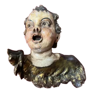 C1800 Antique Italian Renaissance Carved Polychromed Wood Dramatic Hanging Putto / Cherub Sculpture