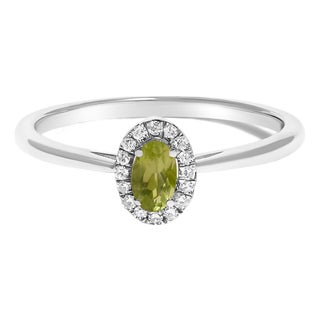 10K White Gold 5X3MM Oval Green Peridot and Diamond Accent Halo Ring (I-J Color, I1-I2 Clarity) - Ring Size 7 For Sale