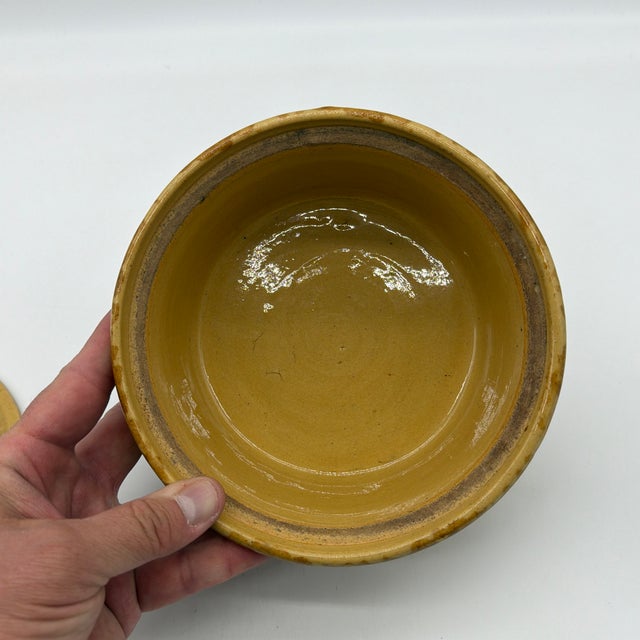 Yellow Antique Brown Sponge Decorated Yellow Ware Cake Crock With a Lid, 1880’s For Sale - Image 8 of 12