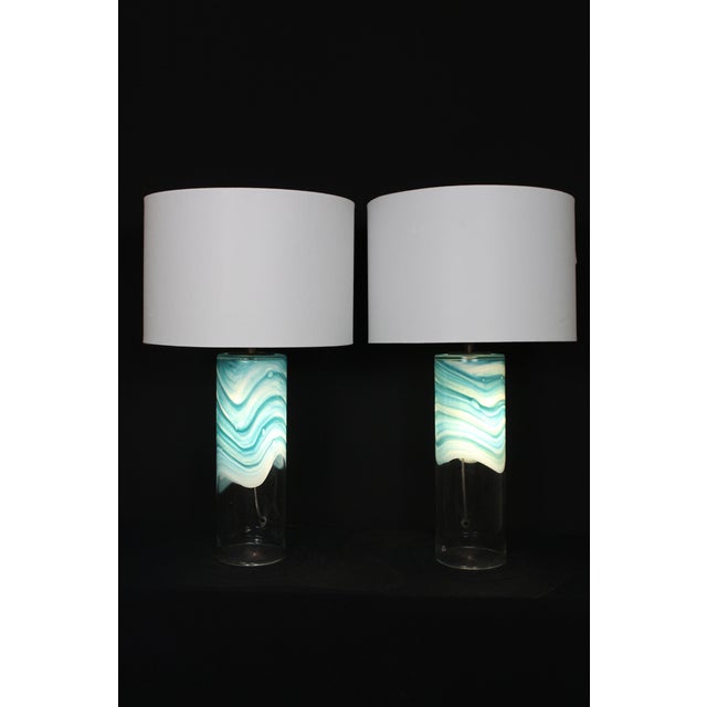 Beautiful pair of Mezza Murano Style lamps. Hand blown glass, making each piece unique. A combination of porcelain white,...