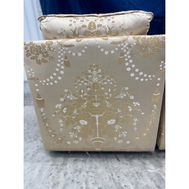 1990s Pair of Scalamandre Silk Tropical Gold White Swivel Club Chairs For Sale In West Palm - Image 6 of 8