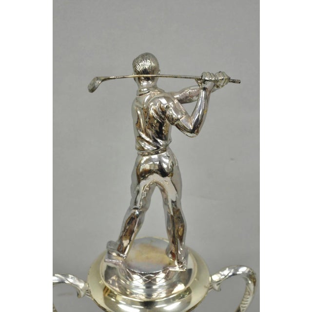 Vintage 1970s Art Deco Silver Metal Marble & Wood Figural Golf Trophy Award Cup For Sale - Image 16 of 17