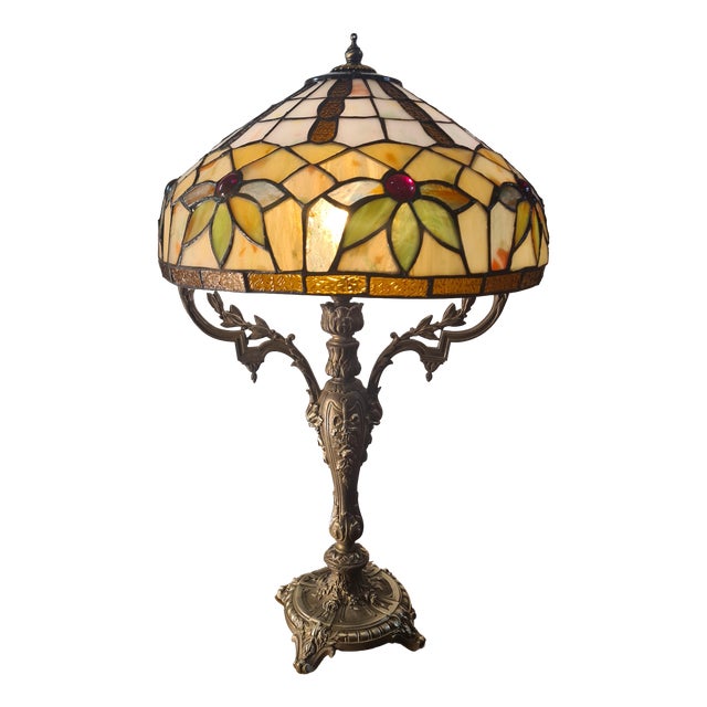 Antique Rocaille Bronze Lamp with Leaded Glass Lampshade in the style of Tiffany, 1880 For Sale