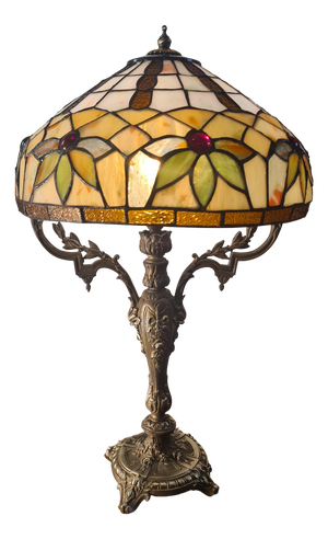 Antique Rocaille Bronze Lamp with Leaded Glass Lampshade in the style of Tiffany, 1880