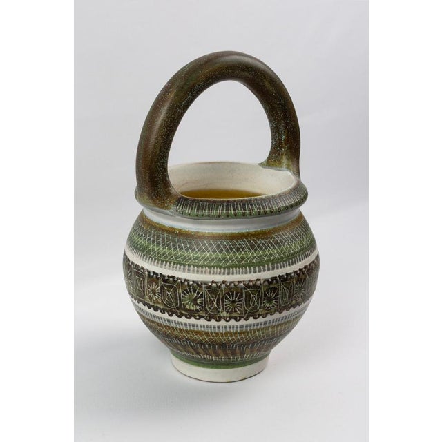 1950s Large Mid-Century Green and Brown Glazed Ceramic Vase with Handle by Marcel Guillot for Salon des Ateliers d'Art, France, 1950s For Sale - Image 5 of 11