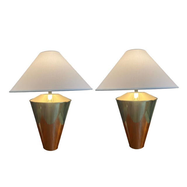 Rare Pair Solid Brass Cone Cylinder v Shaped Table Lamps – Mid Century Modern 1970s New Shades Set of 2 For Sale - Image 4 of 11
