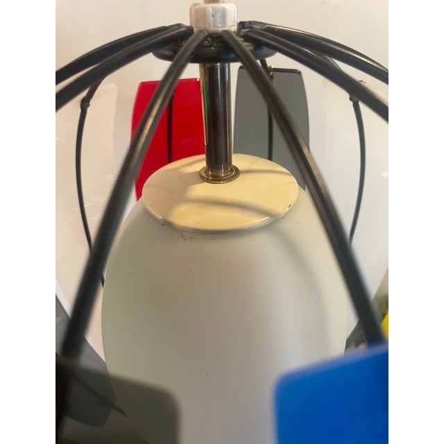 Metal 1950s Colorful Lightolier Round Metal and Ribbed Lucite Pendant Lamps - Set of 2 For Sale - Image 7 of 12