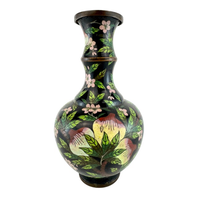 Vintage Cloisonné Floral Vase With Black Ground and Cherry Blossom Motif For Sale
