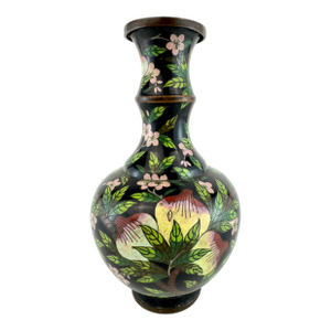 Vintage Cloisonné Floral Vase With Black Ground and Cherry Blossom Motif