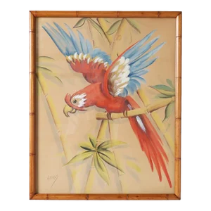 Mixed Media Painting of a Parrot in a Faux Bamboo Frame