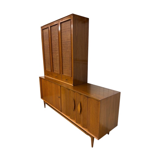 Mid-Century Modern Mid-Century Modern Walnut & Cane 2-Piece Tambour Hutch For Sale - Image 3 of 10