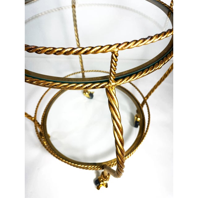 Hollywood Regency 1960s Italian Gilt Iron Rope Bar Cart With Glass Shelves For Sale - Image 3 of 8