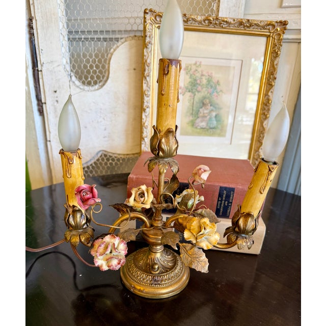 Metal Antique French Gilt Floral Candelabra Table Lamp For Sale - Image 7 of 16