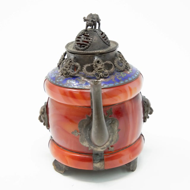 Metal Vintage Chinese Carnelian and Enamel With Bronze Filigree Teapot For Sale - Image 7 of 13