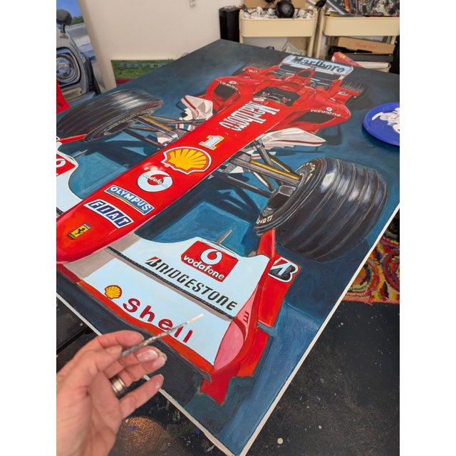 I always thought that records were meant to be Broken by Shan Fannin | Acrylic on canvas of a red Ferrari F2004 race car For Sale - Image 4 of 5